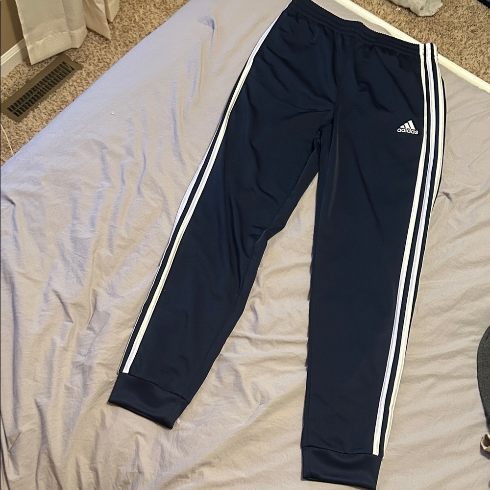 Adidas Boys Navy Joggers with White Stripes Sz L